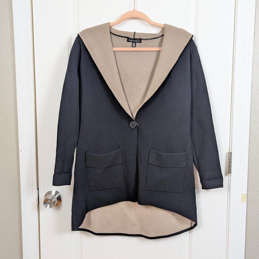Parkhurst | Black Tan Colorblock Long Sleeve Hoodie Cardigan Sweater Size Small